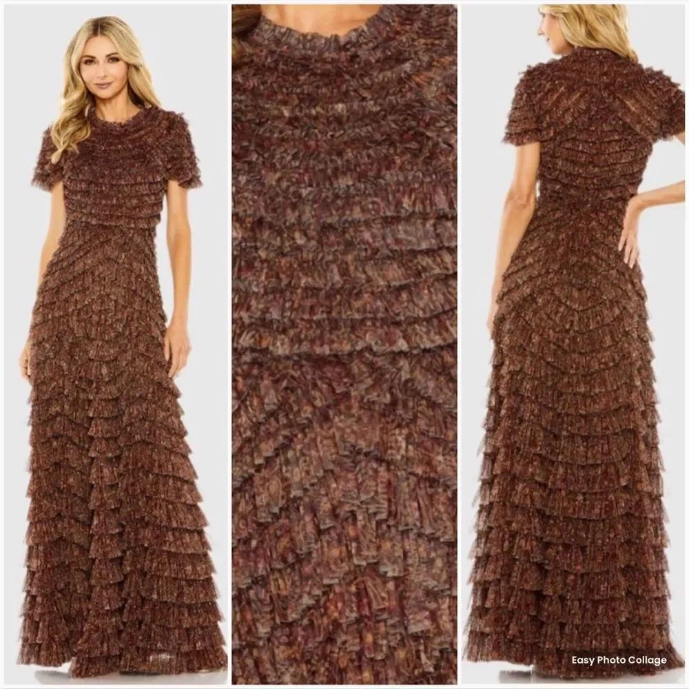 Mac Duggal Size 18 Brown Floral High Neck Ruffle Gown Maxi Dress